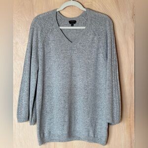Talbots Cashmere V-Neck Tunic Sweater Gray Pointelle Details 3/4 Sleeve Size L